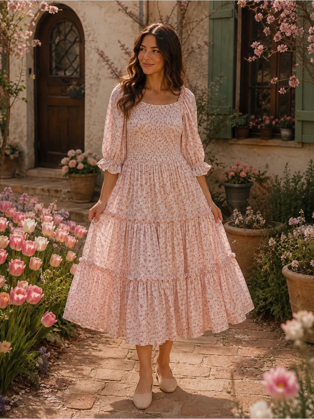Ivy City Co Madeline Dress Pink Floral Smocked Midi Size S